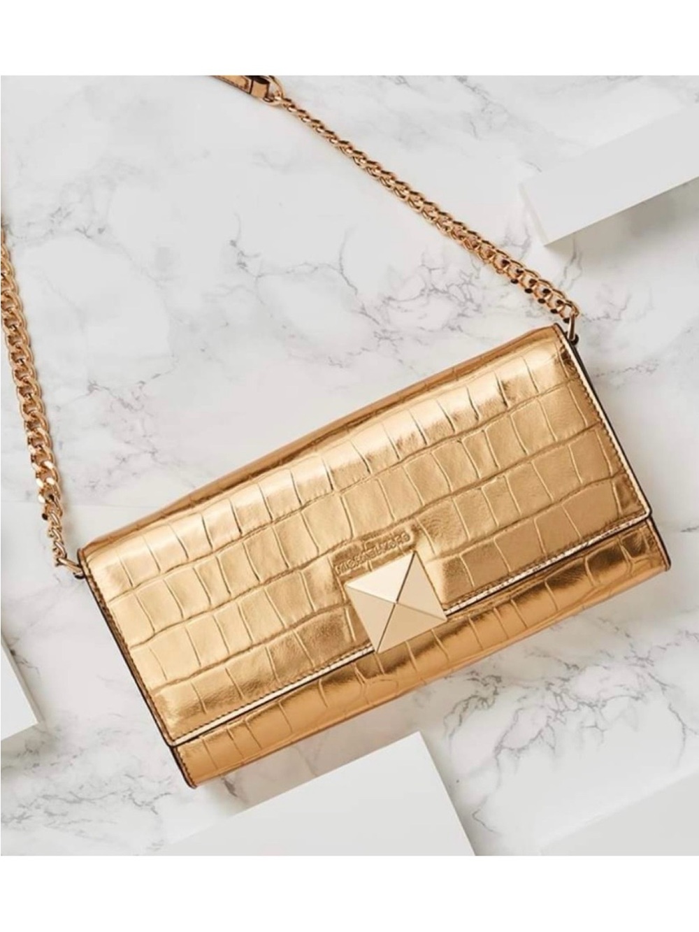 Michael Kors Gold Crocodile Embossed Metallic Satchel Chain Detail Adjustable